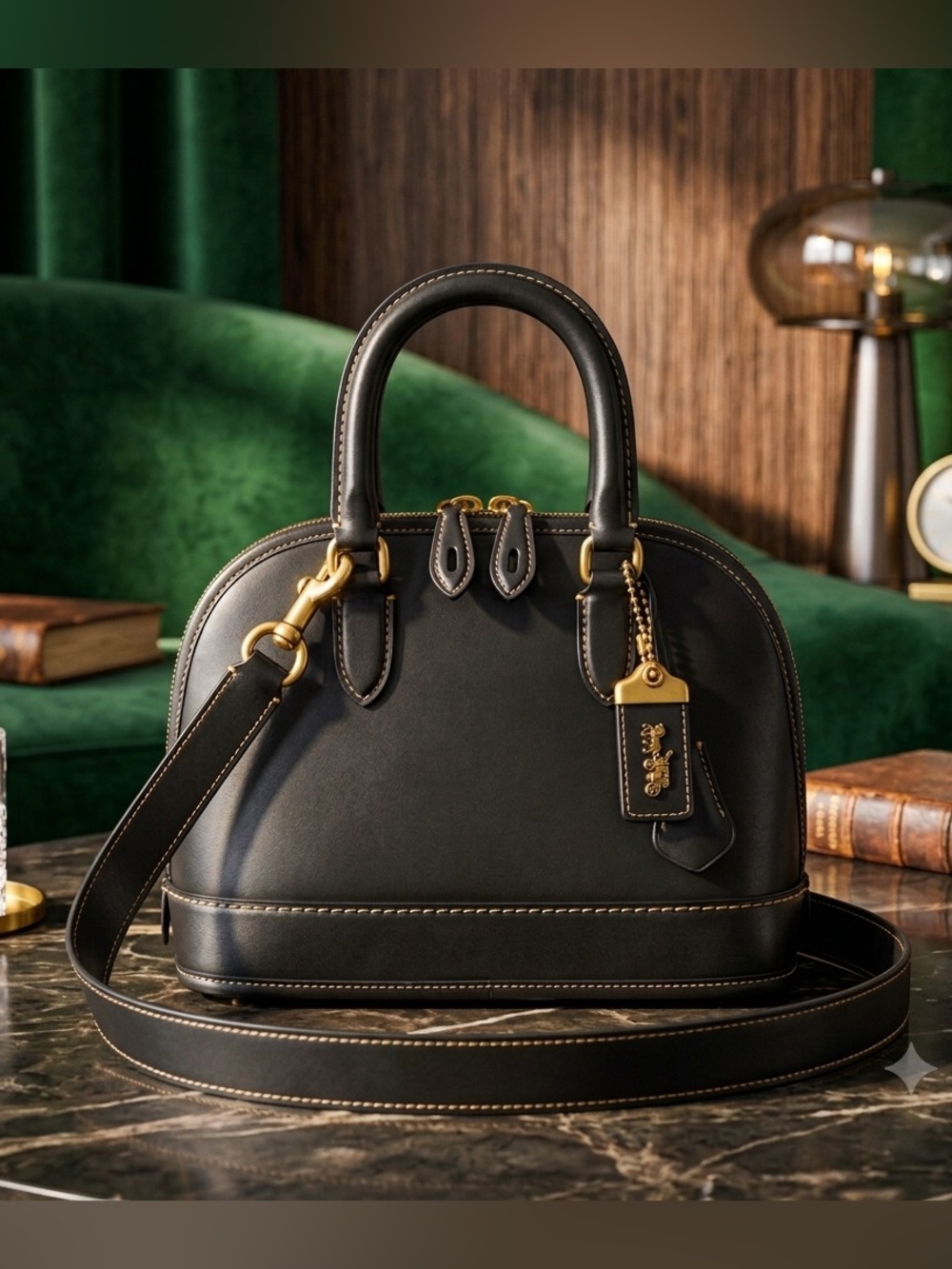 Coach Revel Bag 24 in black glovetanned leather with signature brass hardware.